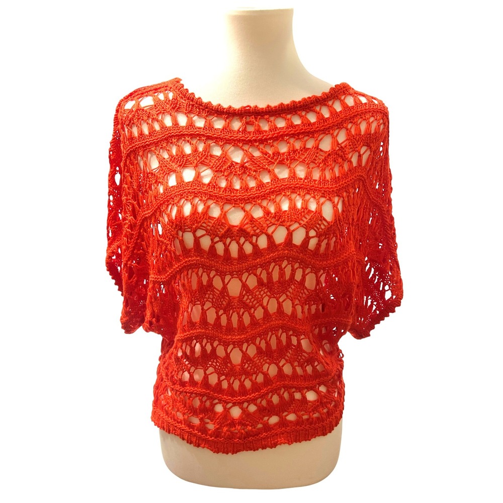Cato Womens Fire Orange Crochet‎ Open Weave Airy Dolman Sleeve Resort Top Small
